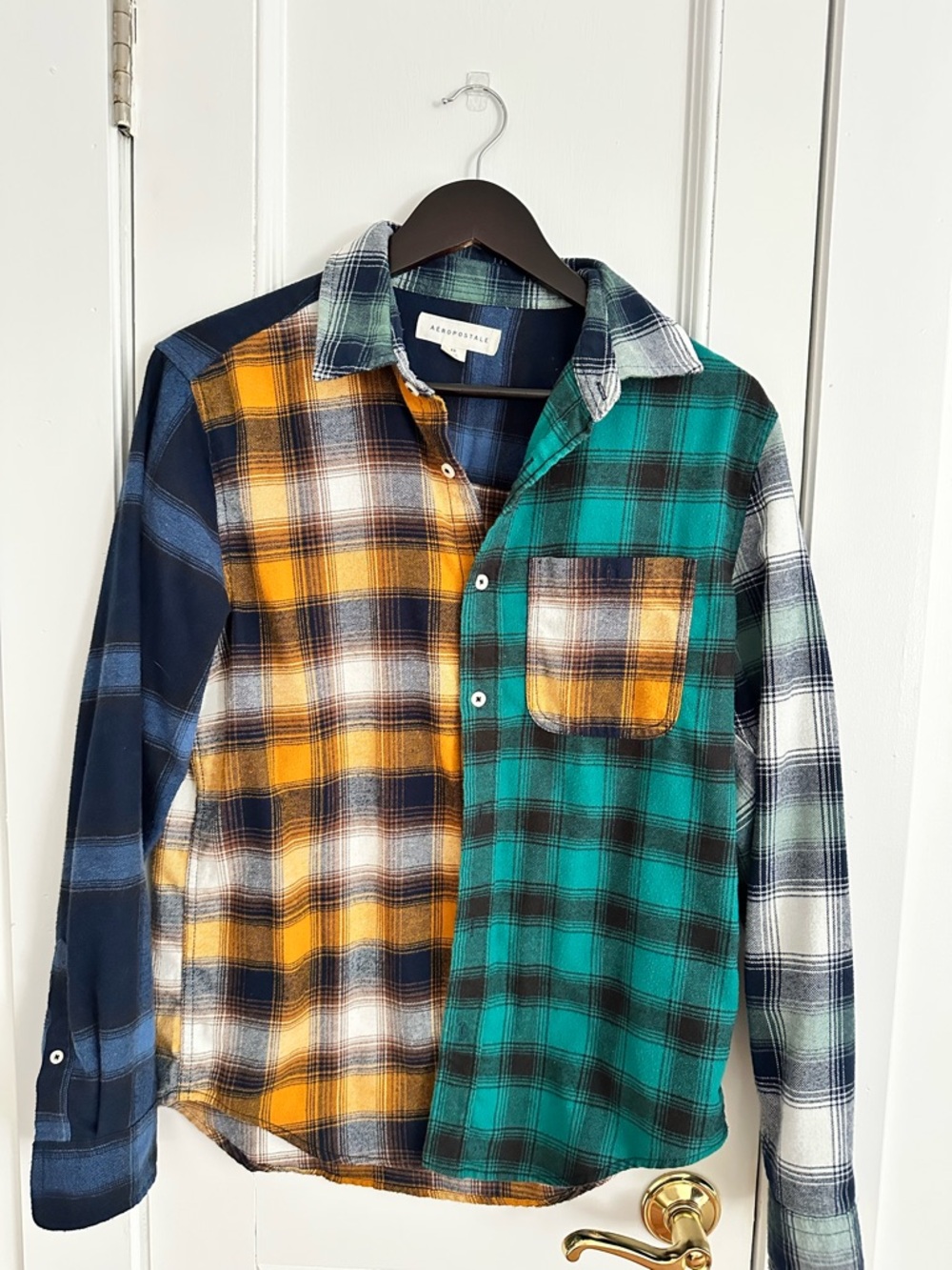 Aeropostale Split-Panel Plaid Button-Down Shirt - Yellow & Teal